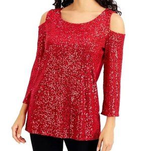 Macy's NEW INC International Concepts Cold Shoulder Sequin Top Red NWT Small